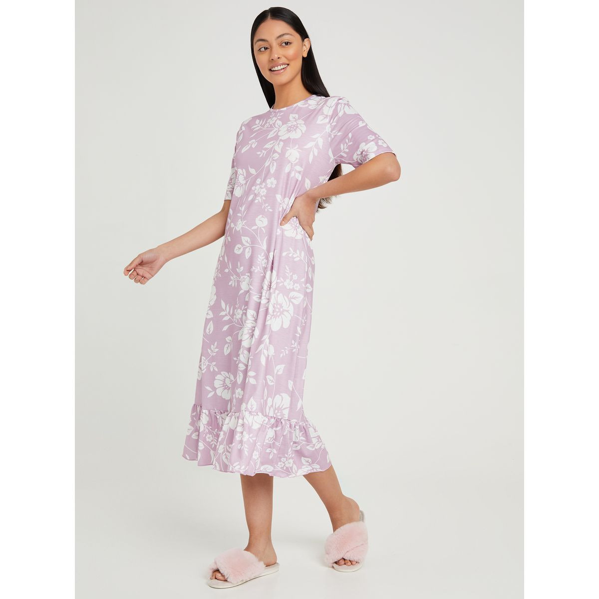 Styli Short Sleeves Floral Print Ruffle Hem Midi Nightdress-women-clothing-nightwear-nighties-image-1