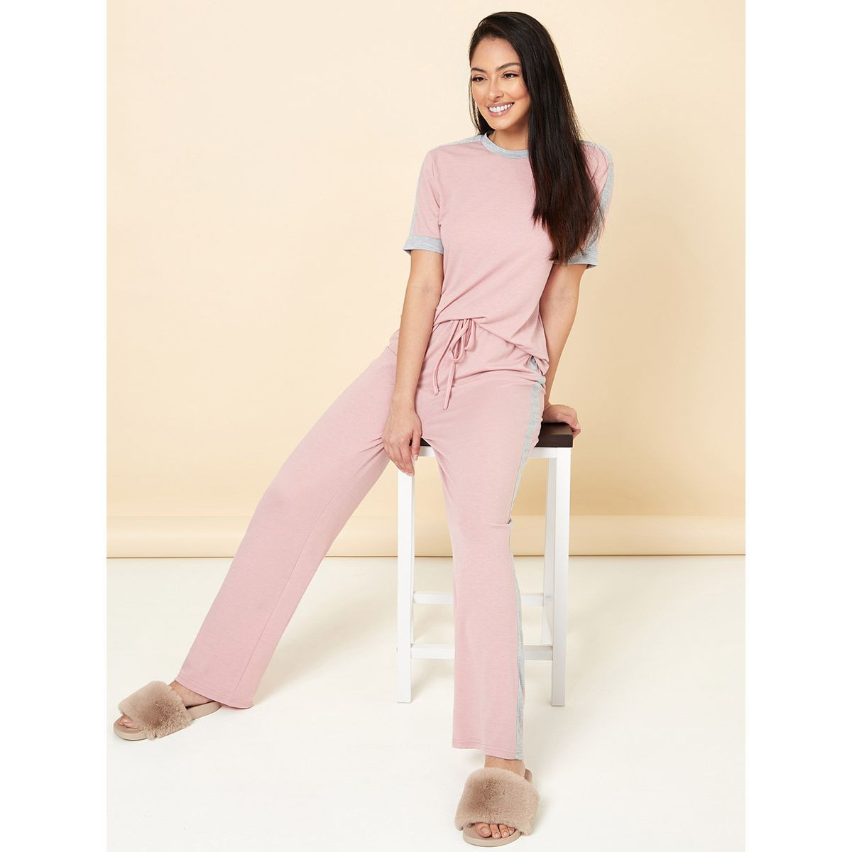 Styli Contrast Side Tape T-shirt and Pyjama Set-women-clothing-nightwear-pyjamas-longsets-image-1