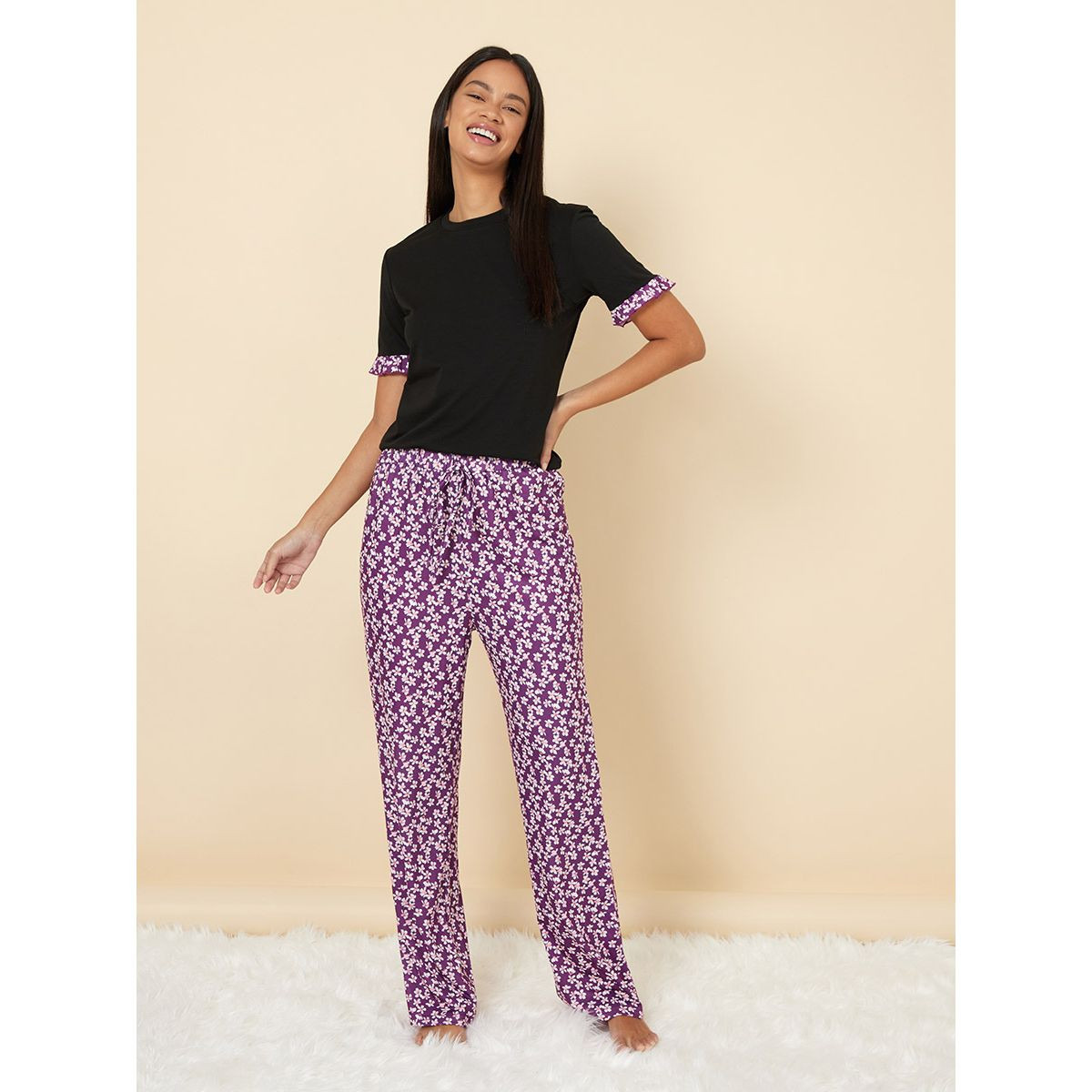 Styli Floral Ruffle Sleeves T-shirt and Pyjama Set-women-clothing-nightwear-pyjamas-longsets-image-1