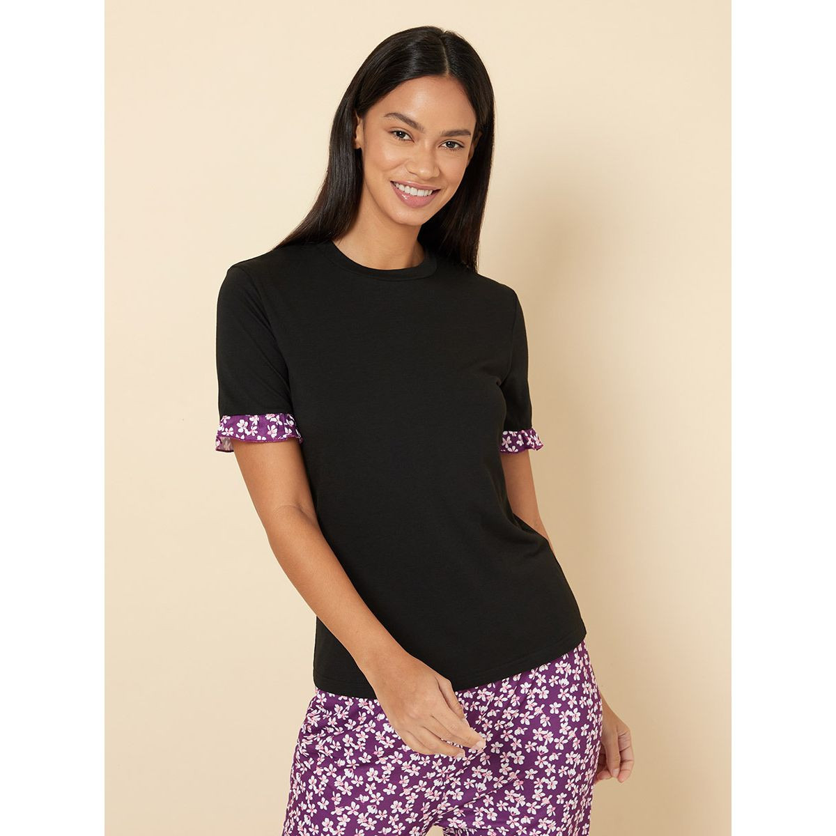 Styli Floral Ruffle Sleeves T-shirt and Pyjama Set-women-clothing-nightwear-pyjamas-longsets-image-2