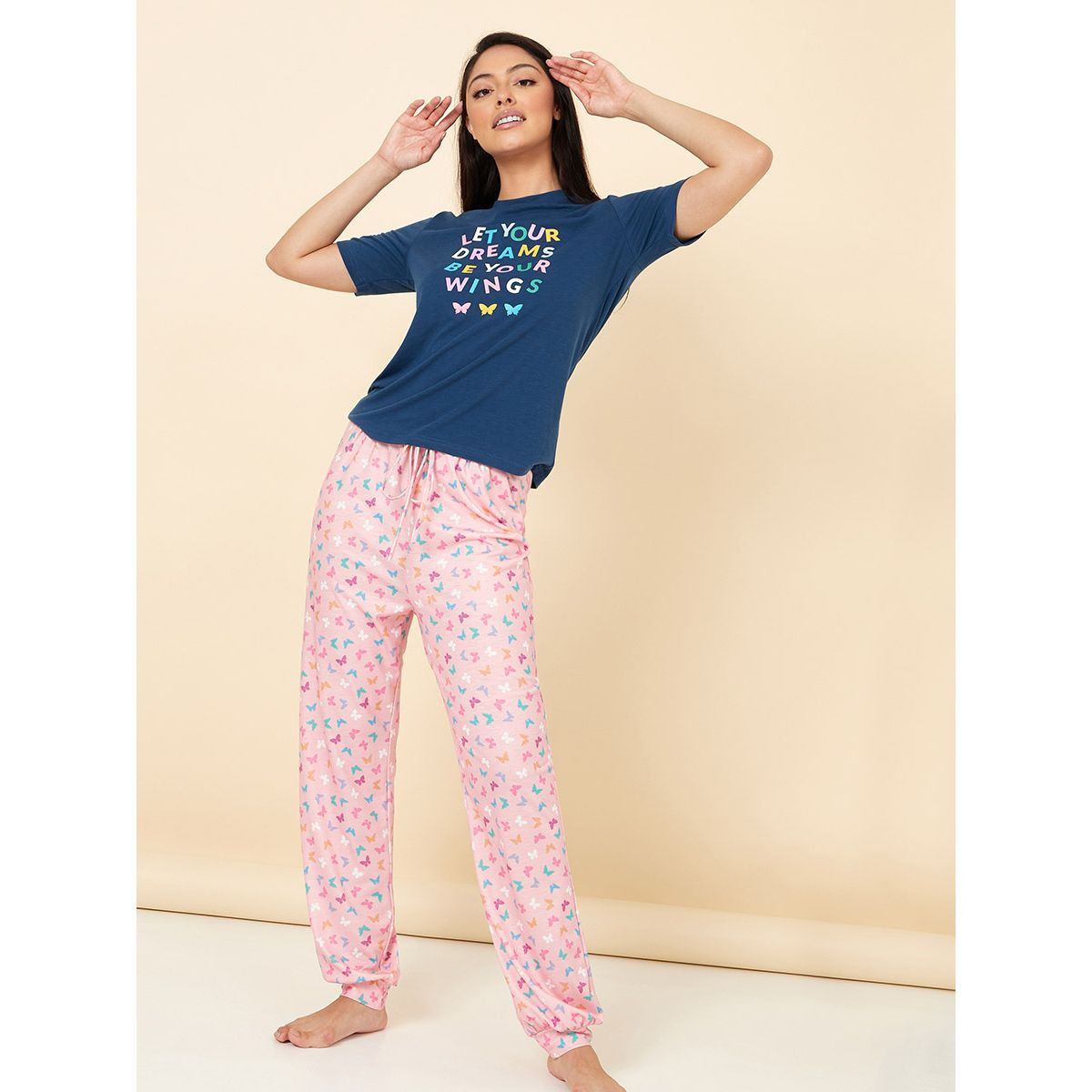 Styli Let Your Dreams Be Your Wings T-shirt and Butterfly AOP Pyjama Set-women-clothing-nightwear-pyjamas-longsets-image-1