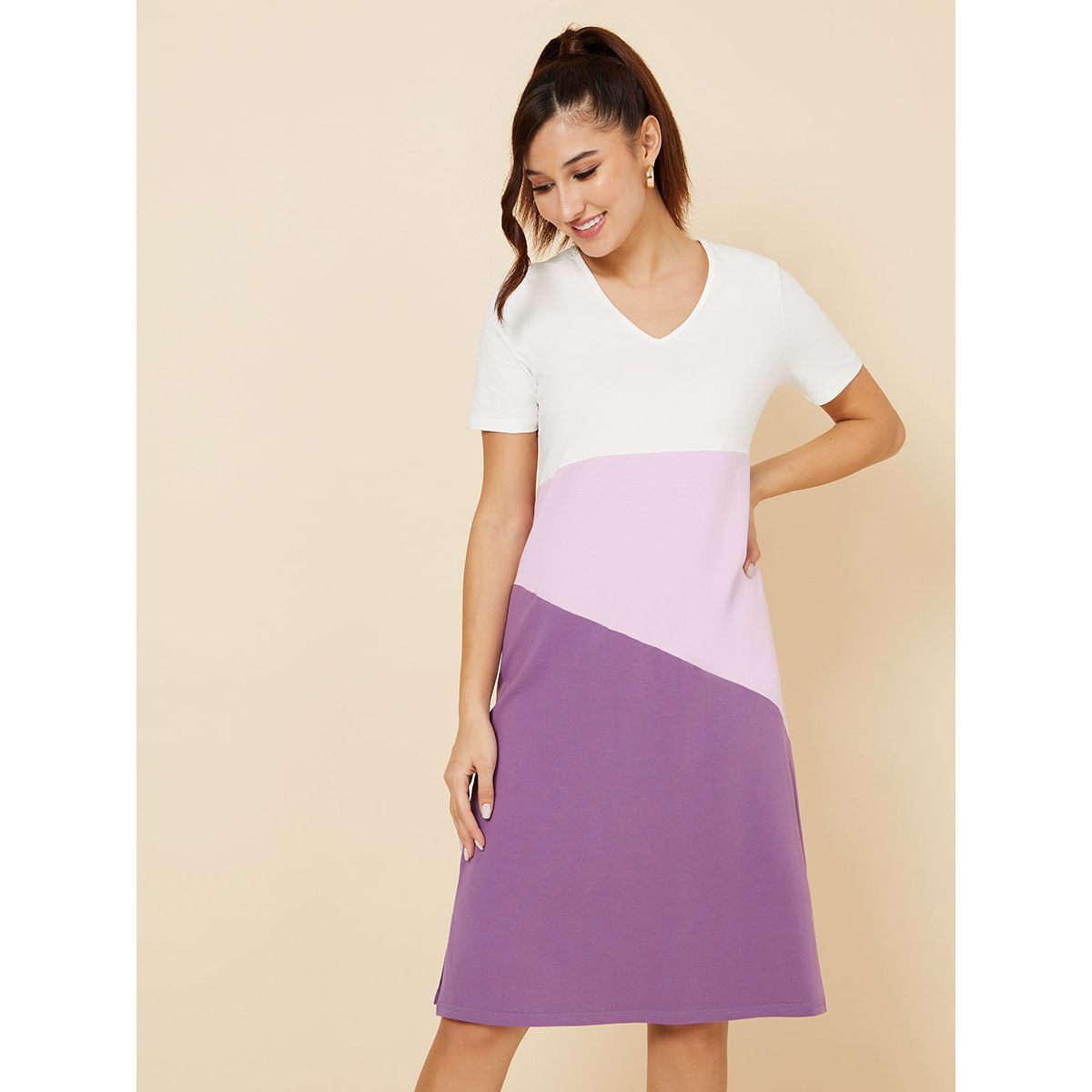Styli Short Sleeves Colorblock Knee Length Dress-women-clothing-dresses-image-1