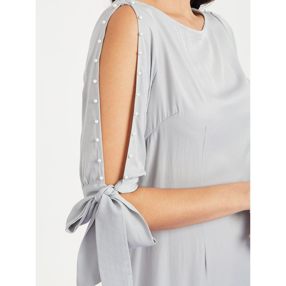 Styli Tie Cuff Sleeves Pearl Beaded Detail A-Line Midi Dress-women-clothing-dresses-image-3