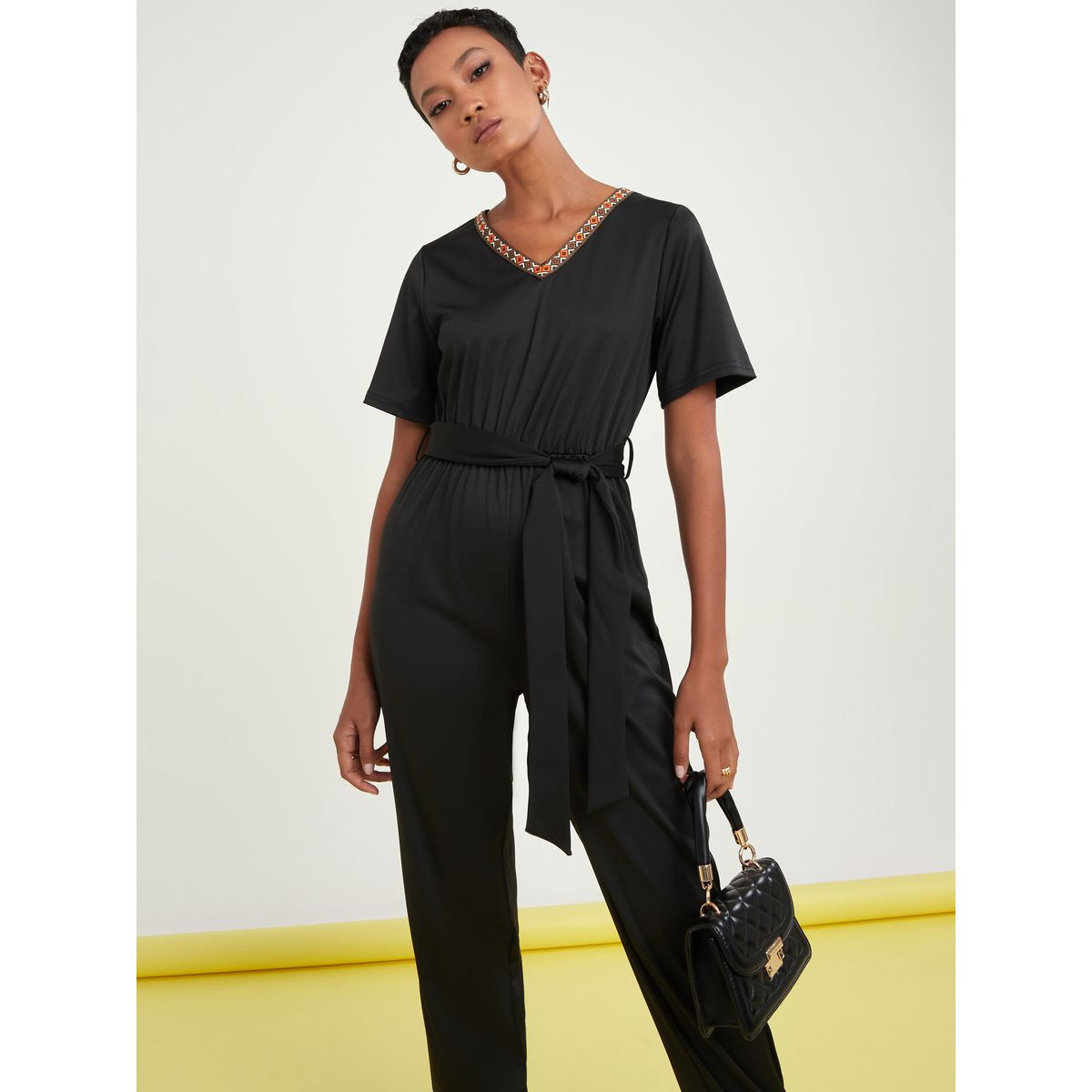 Styli V Neck Cuffed Jumpsuit with Embroidered Detail-women-clothing-jumpsuits-image-2
