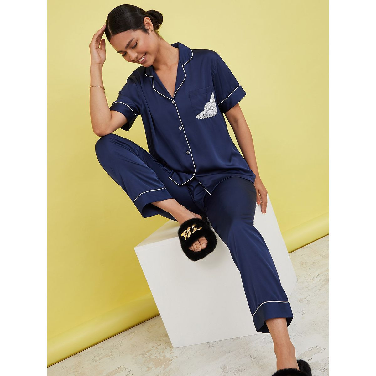 Styli Lace Trim Pocket Piped Button Through Shirt and Pyjama Set-women-clothing-nightwear-pyjamas-longsets-image-1
