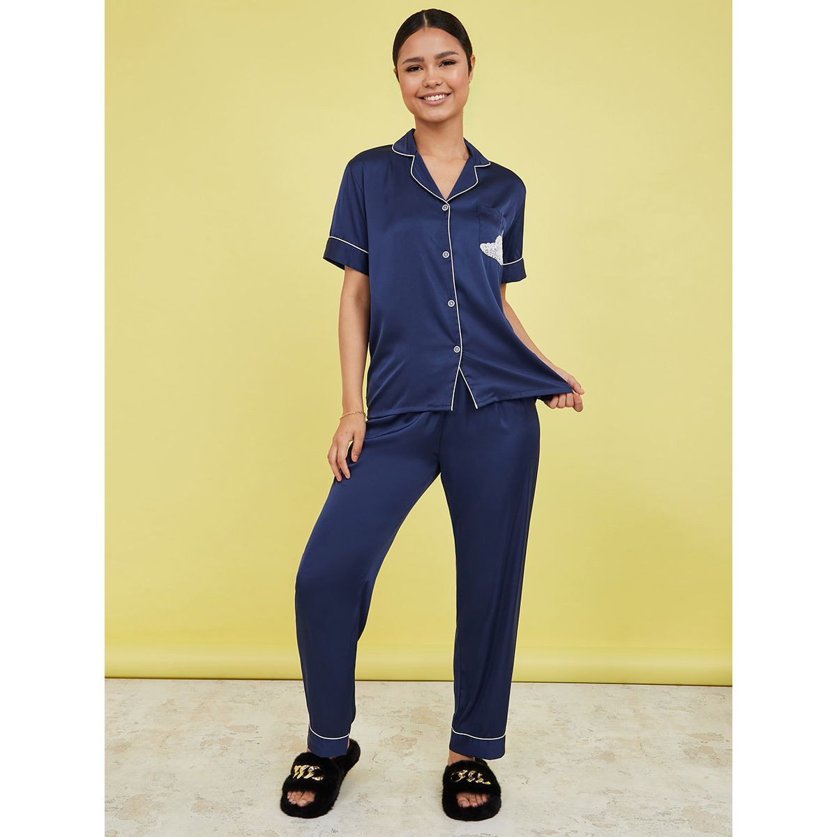 Styli Lace Trim Pocket Piped Button Through Shirt and Pyjama Set-women-clothing-nightwear-pyjamas-longsets-image-2