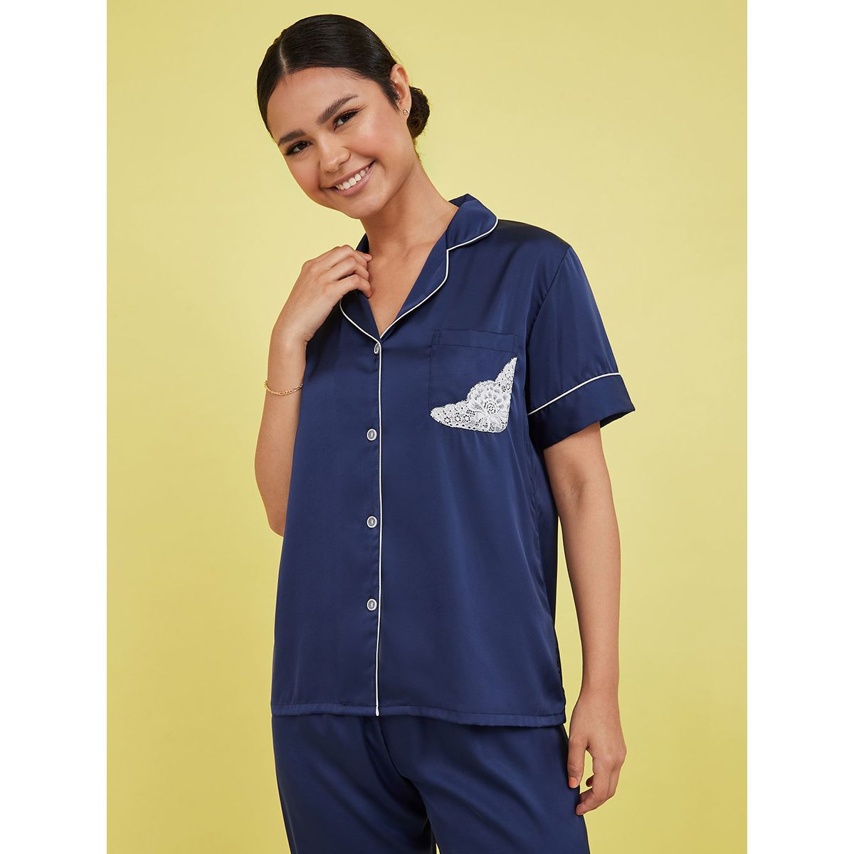 Styli Lace Trim Pocket Piped Button Through Shirt and Pyjama Set-women-clothing-nightwear-pyjamas-longsets-image-3