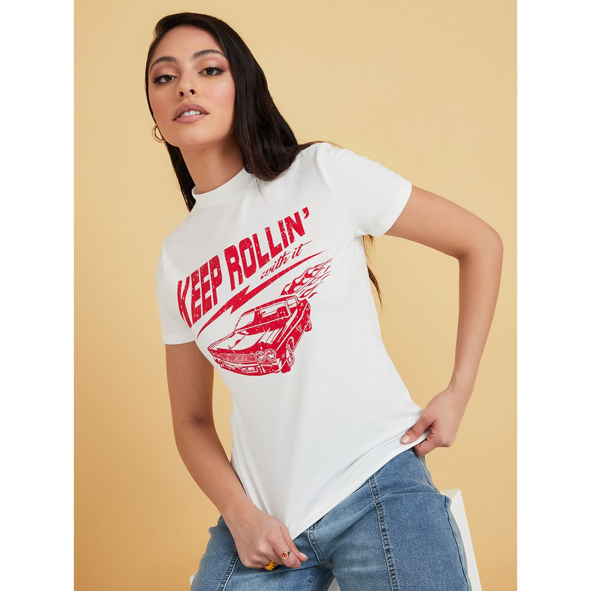 Styli Short Sleeves Keep Rolling Graphic Print Regular T-shirt-women-clothing-tshirts-image-1