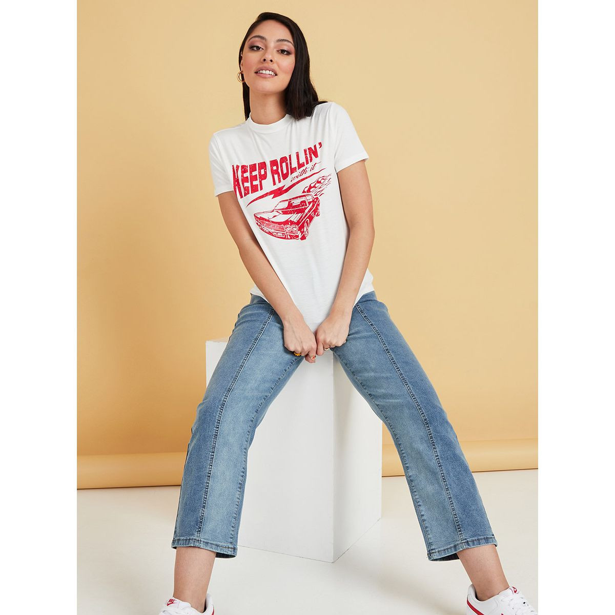 Styli Short Sleeves Keep Rolling Graphic Print Regular T-shirt-women-clothing-tshirts-image-2