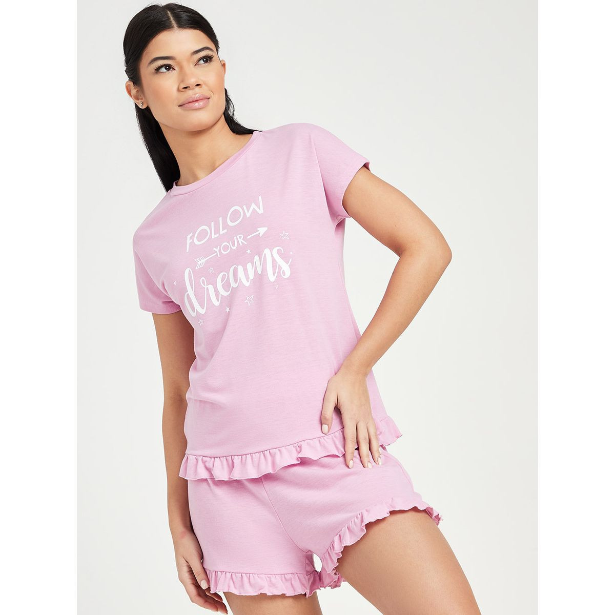Styli Follow Your Dreams Ruffle Hem T-shirt and Shorts Set-women-clothing-nightwear-pyjamas-longsets-image-1