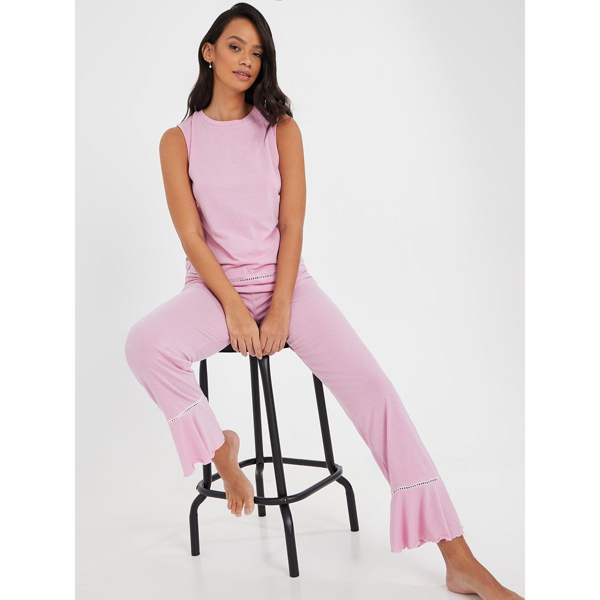 Styli Solid Trim Insert Vest and Ruffle Hem Pyjama Set-women-clothing-nightwear-pyjamas-longsets-image-1