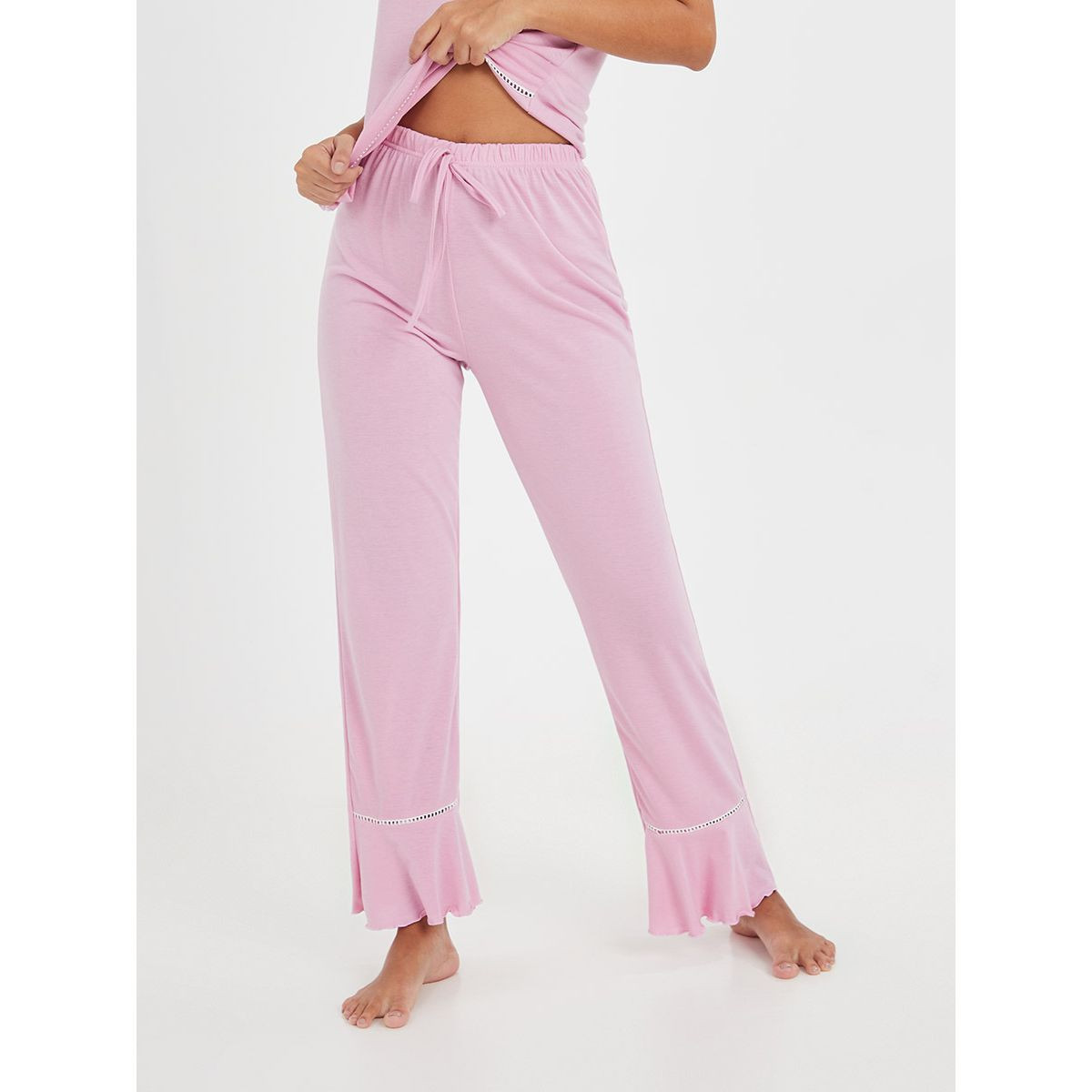 Styli Solid Trim Insert Vest and Ruffle Hem Pyjama Set-women-clothing-nightwear-pyjamas-longsets-image-5