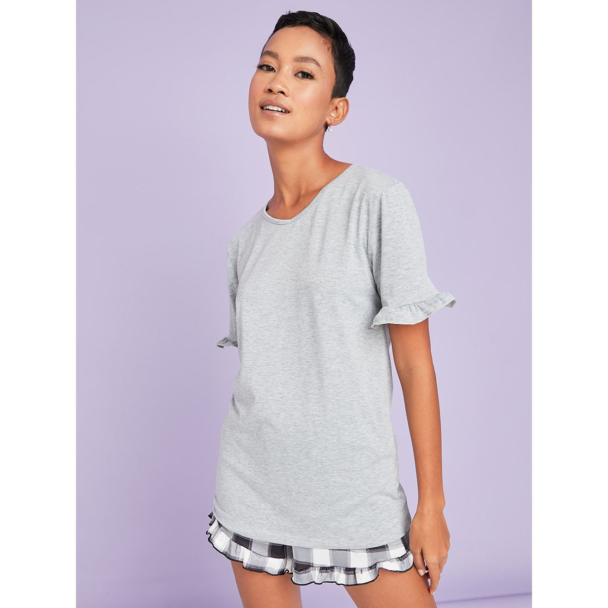 Styli Solid V Neck T-shirt and Checked Short Set-women-clothing-nightwear-pyjamas-longsets-image-2
