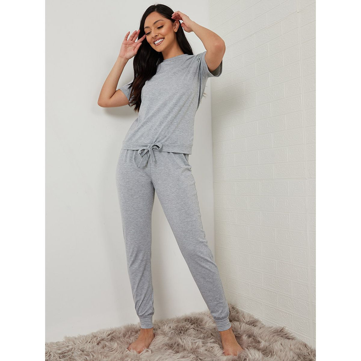 Styli Lace Shoulder Detail T-shirt with Front Tie and Solid Pyjama Set-women-clothing-nightwear-pyjamas-longsets-image-2