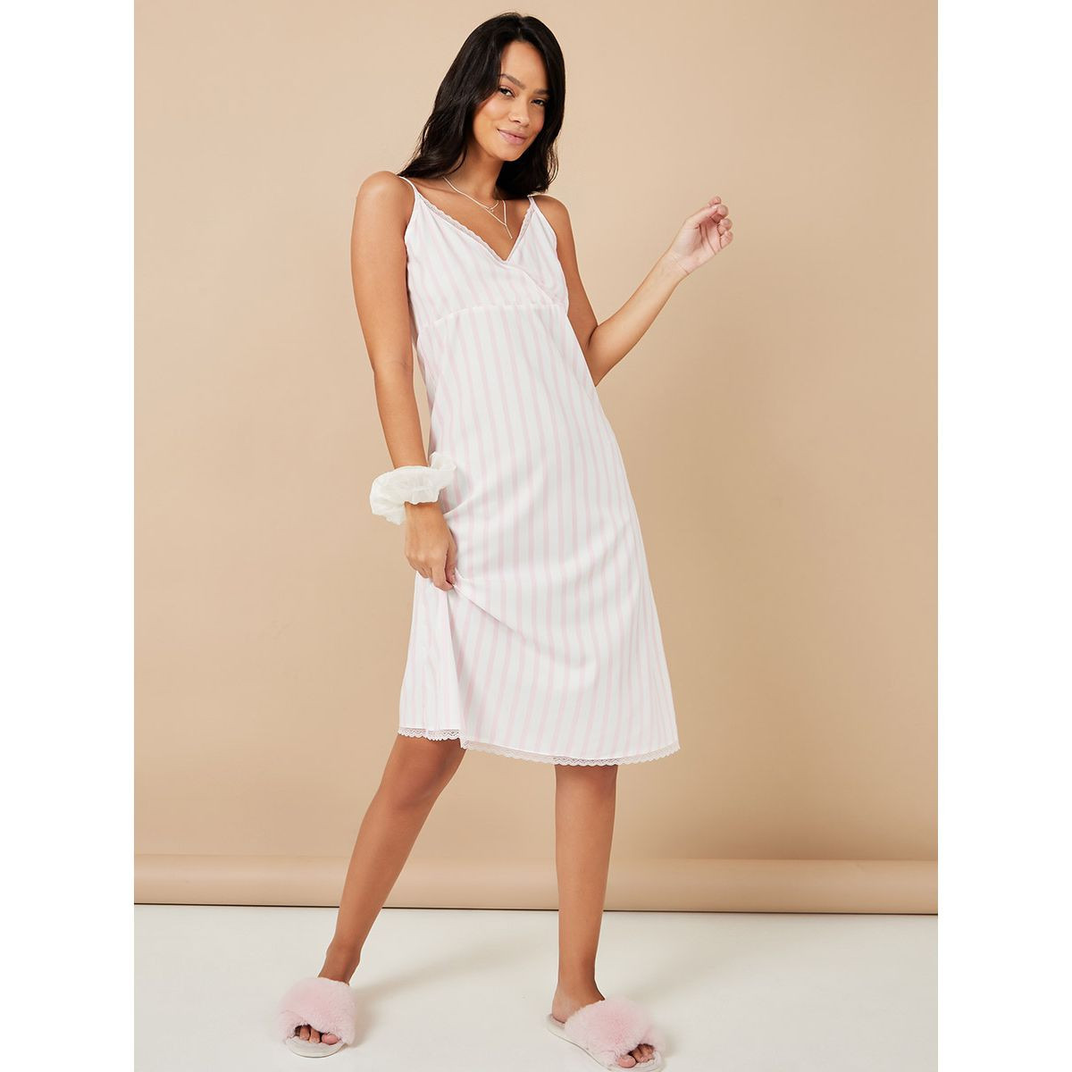 Styli Candystripe Lace Trim Knee Length Cami Slip Dress-women-clothing-nightwear-nighties-image-2