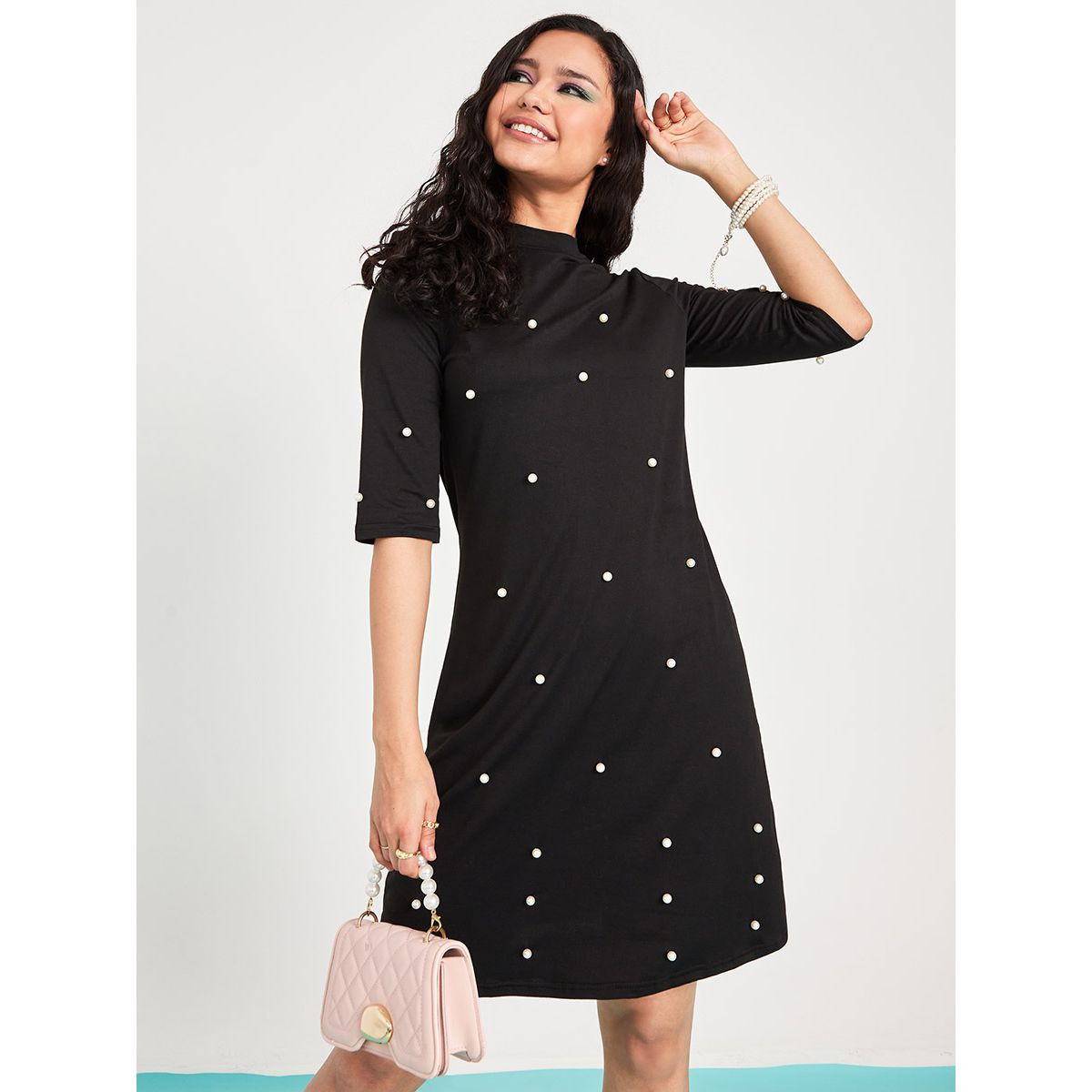 Styli 3/4 Sleeves High Neck Embellished A-Line Knee Length Dress-women-clothing-dresses-image-1
