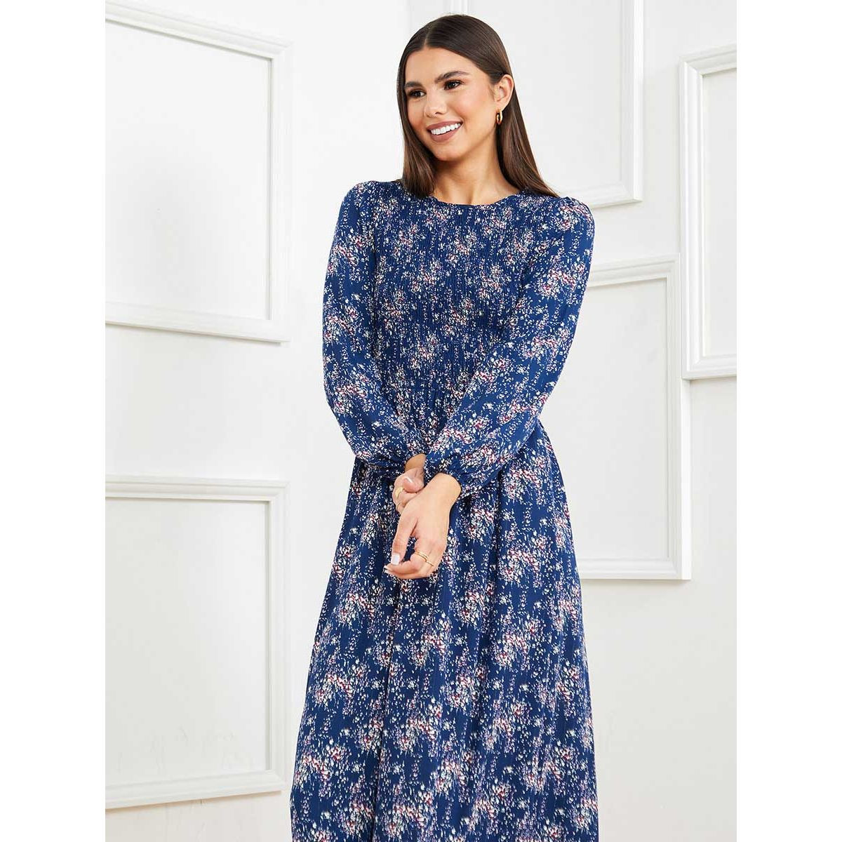 Styli Long Cuffed Sleeves Floral Print Shirred Detail A-Line Maxi Dress-women-clothing-dresses-image-2