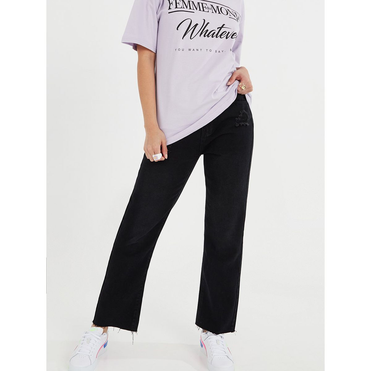 Styli High Rise Raw Edge Straight Fit Jeans with Distress Detail-women-clothing-bottoms-jeans-image-1