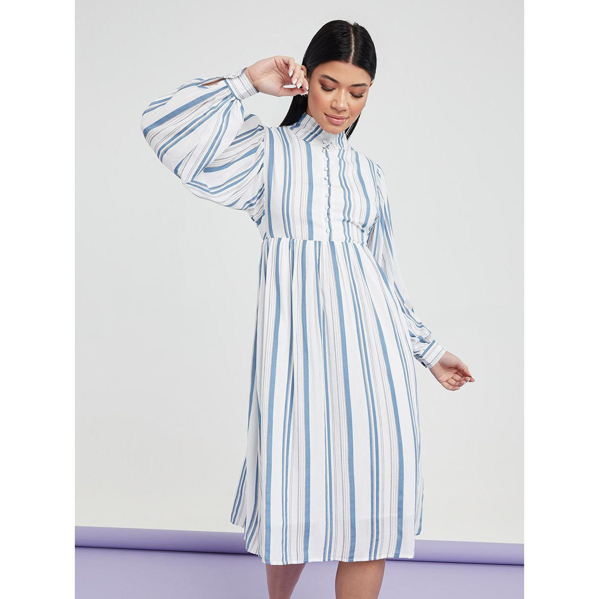 فستان ميدي مخطط باكمام طويلة-women-clothing-dresses-image-1