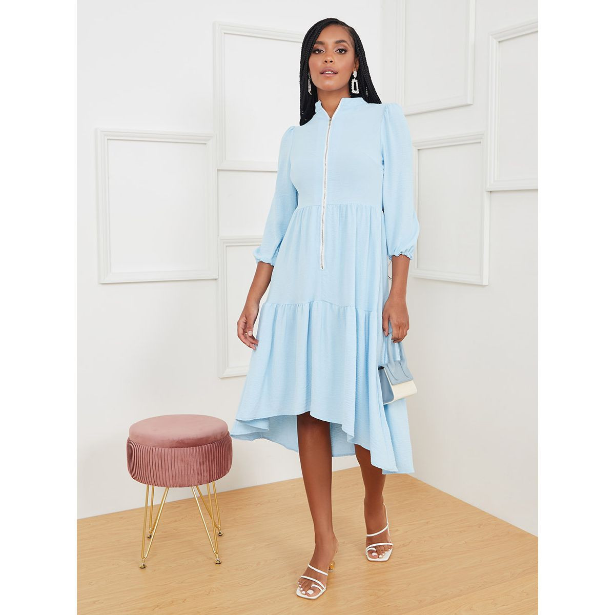 Styli 3/4 Sleeves Zip Front Detail A-Line Midi Dress-women-clothing-dresses-image-1