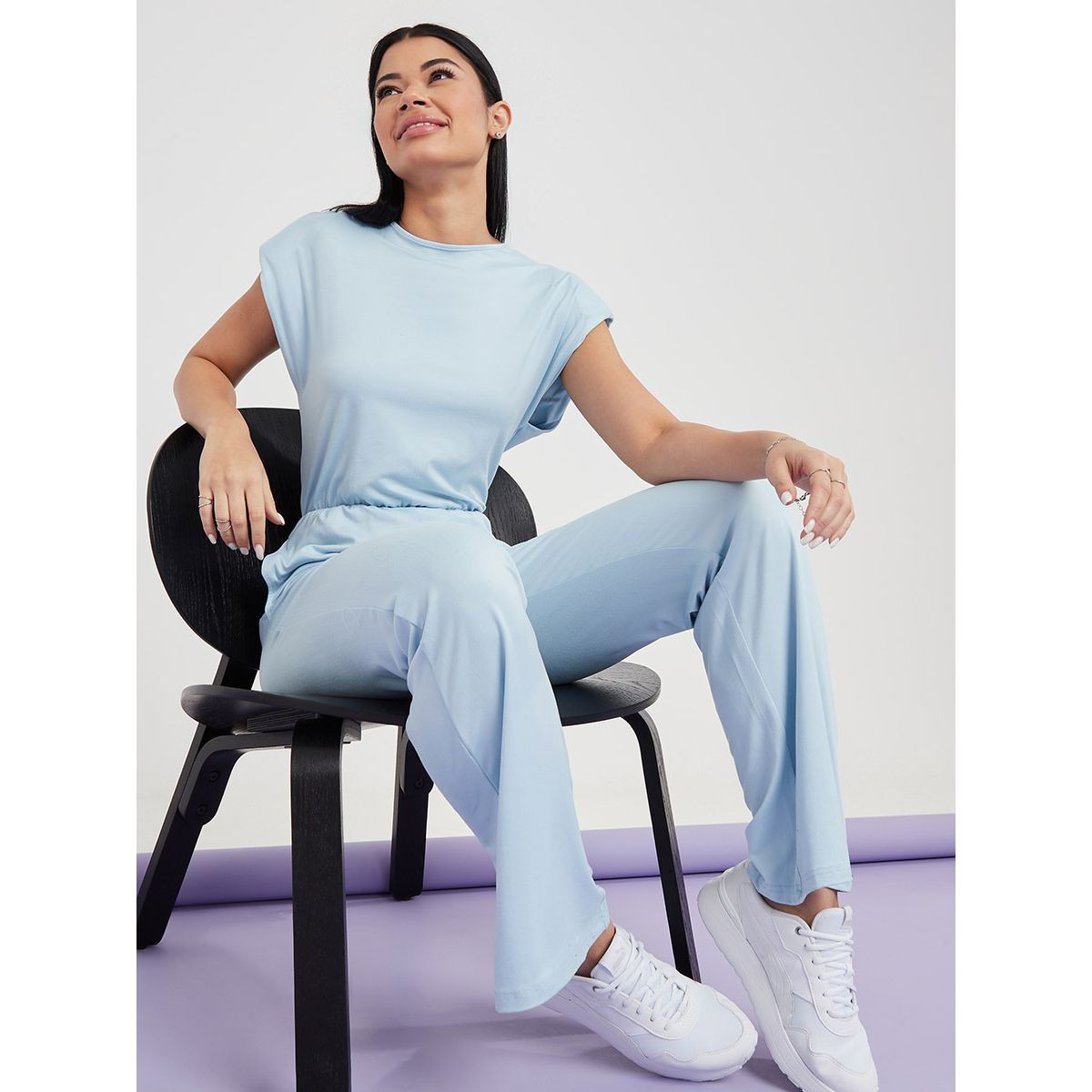 Styli Cap Sleeves Straight Leg Jersey Jumpsuit with Shoulder Pad-women-clothing-jumpsuits-image-1