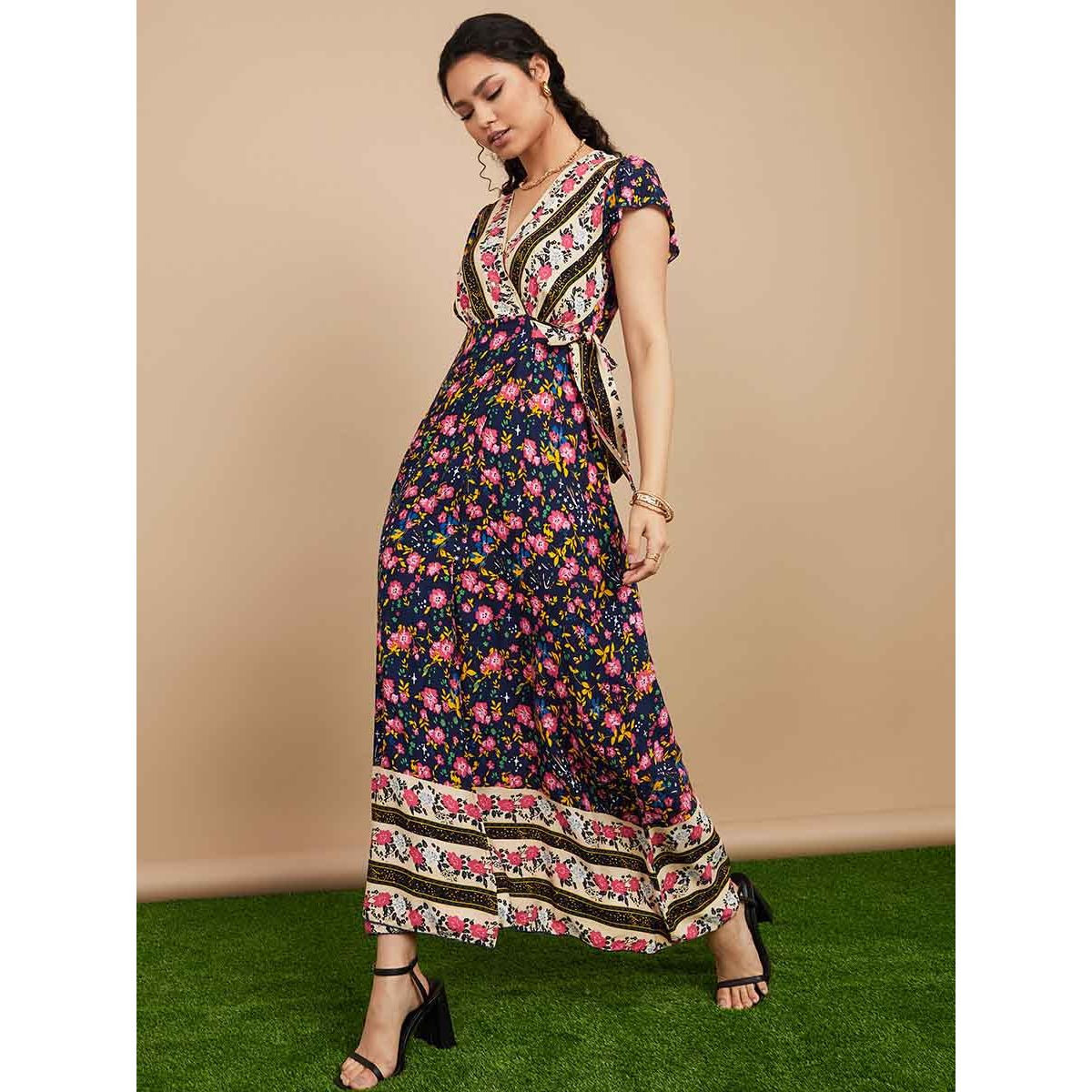 Styli Cap Sleeves Floral Print Soft Viscose Wrap Maxi Dress-women-clothing-dresses-image-1