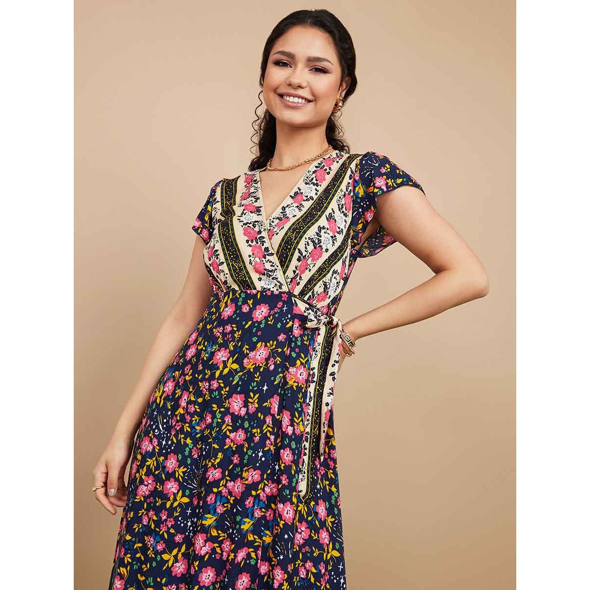 Styli Cap Sleeves Floral Print Soft Viscose Wrap Maxi Dress-women-clothing-dresses-image-2