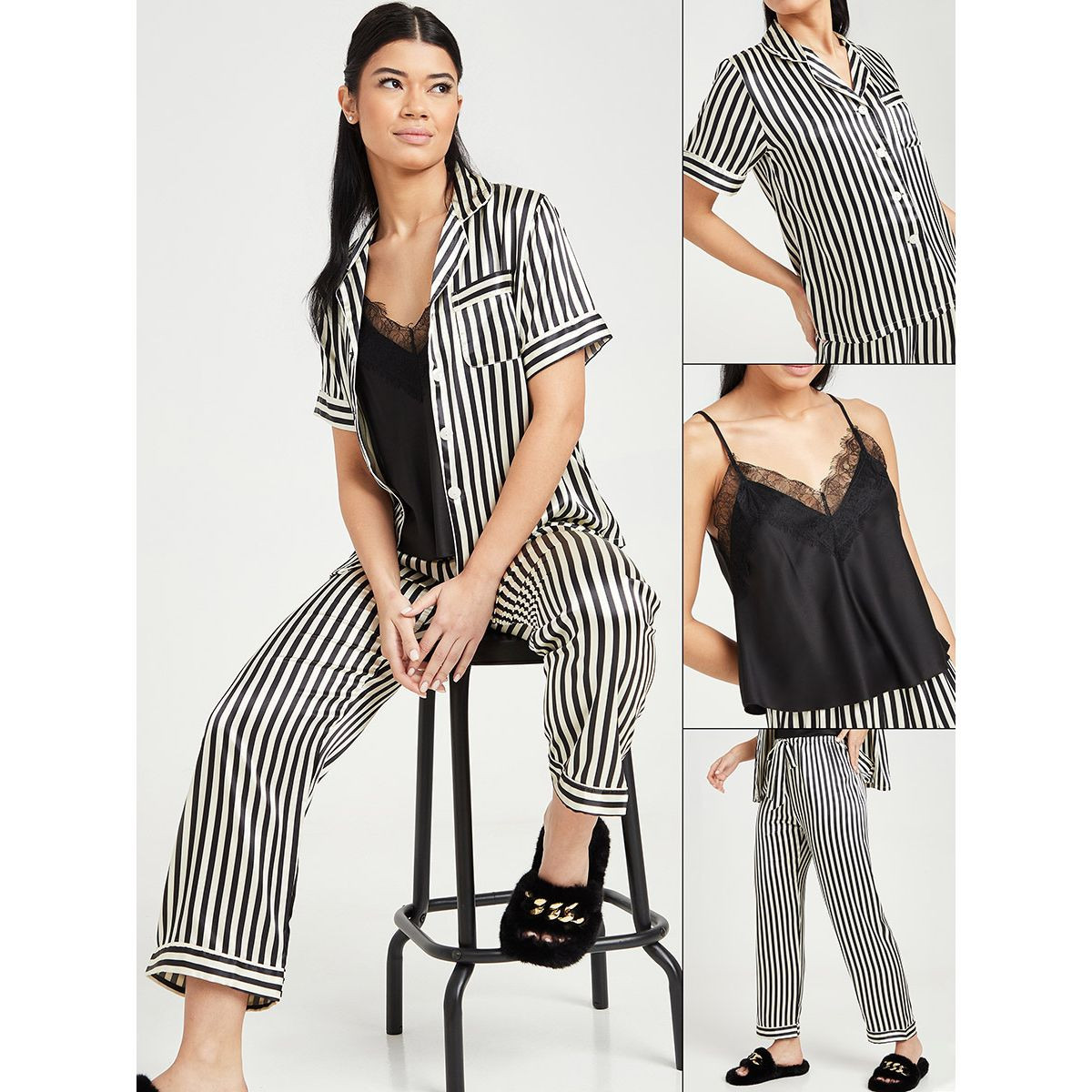 Styli Pack of 3 - Satin Solid Lace Trim Cami with Stripe Shirt and Pyjama Set-women-clothing-nightwear-pyjamas-longsets-image-1