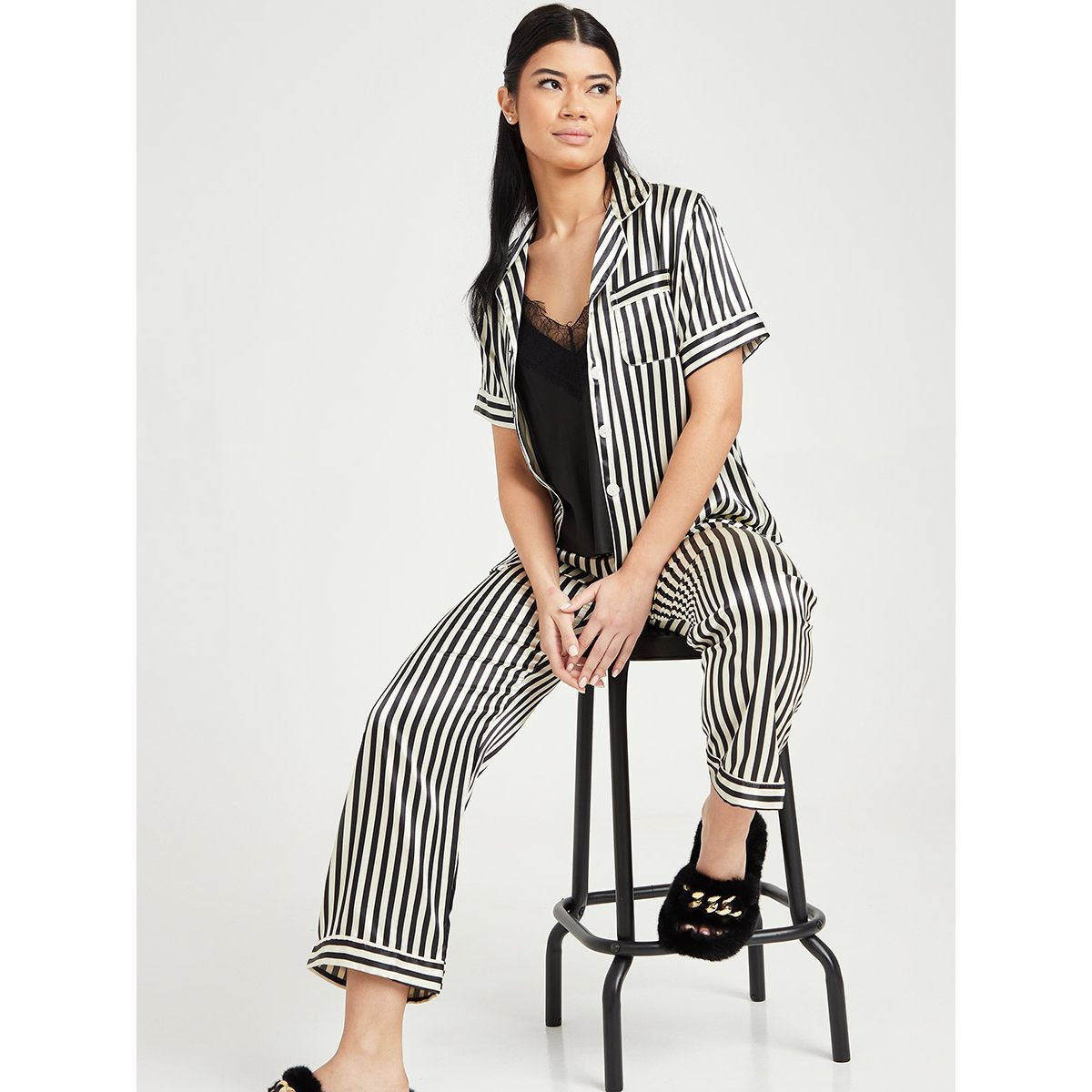 Styli Pack of 3 - Satin Solid Lace Trim Cami with Stripe Shirt and Pyjama Set-women-clothing-nightwear-pyjamas-longsets-image-3
