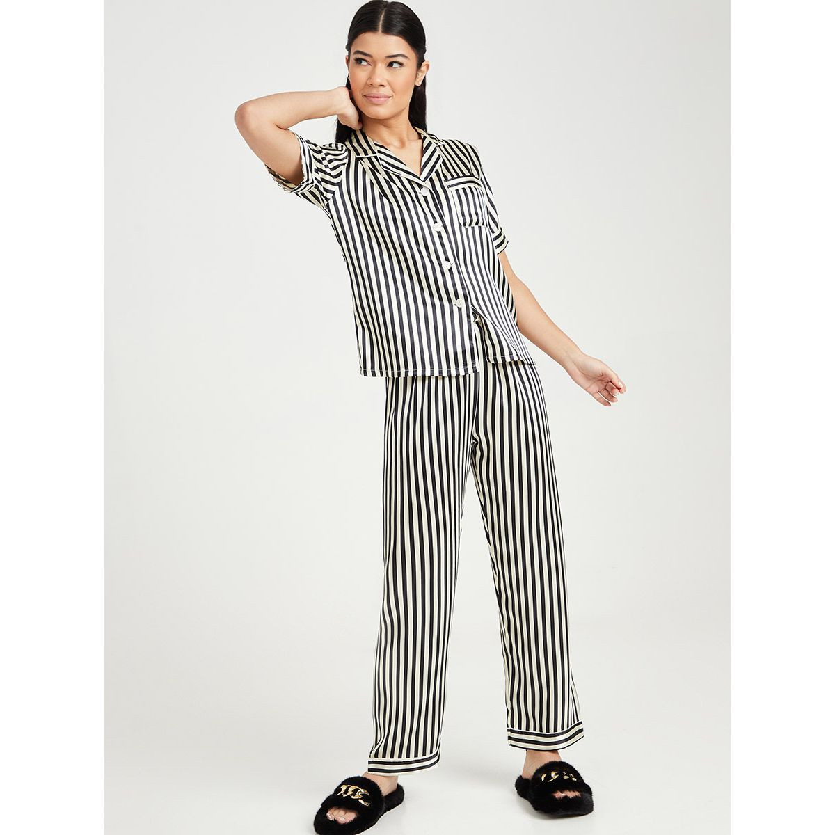 Styli Pack of 3 - Satin Solid Lace Trim Cami with Stripe Shirt and Pyjama Set-women-clothing-nightwear-pyjamas-longsets-image-4