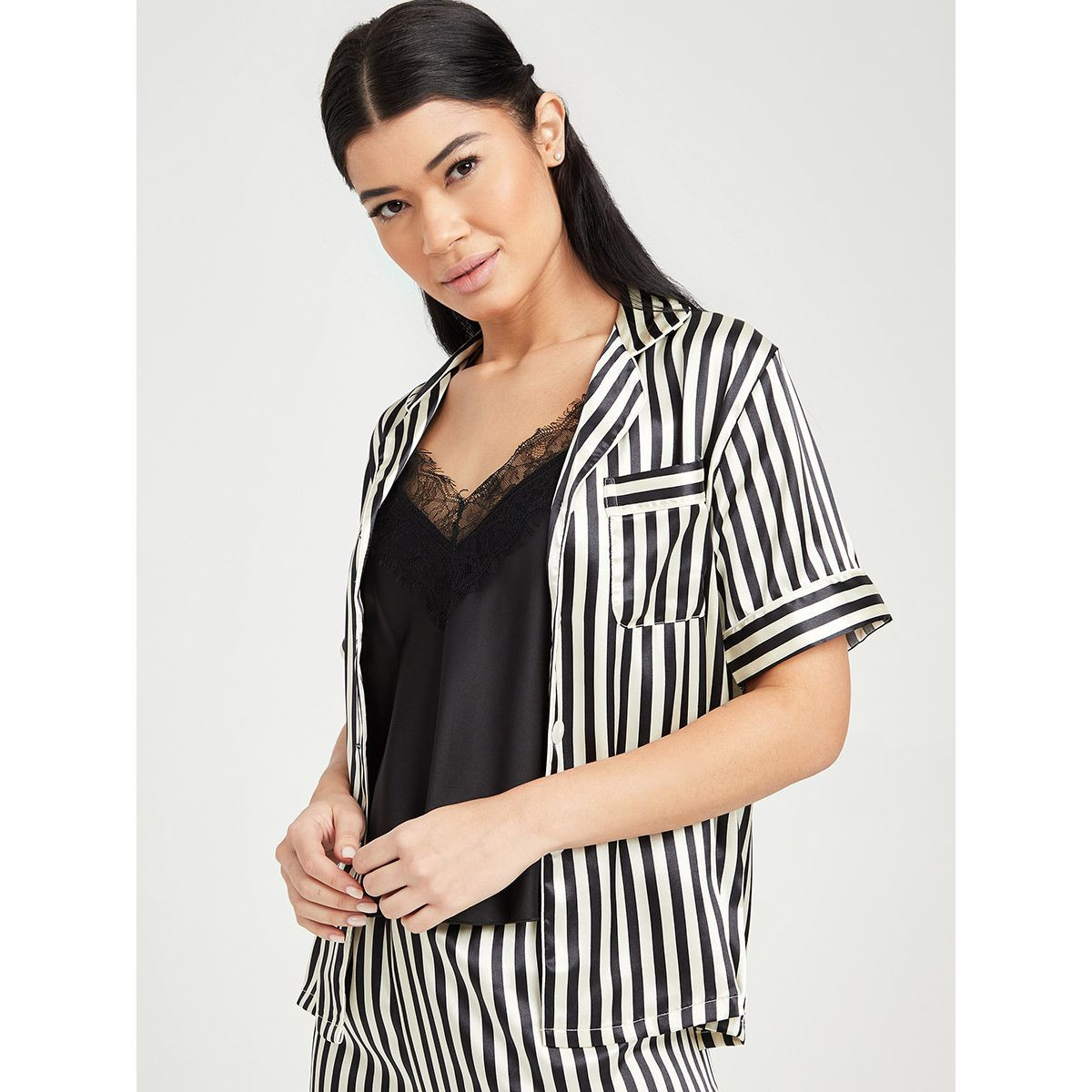 Styli Pack of 3 - Satin Solid Lace Trim Cami with Stripe Shirt and Pyjama Set-women-clothing-nightwear-pyjamas-longsets-image-5
