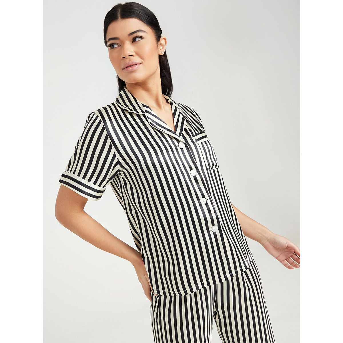 Styli Pack of 3 - Satin Solid Lace Trim Cami with Stripe Shirt and Pyjama Set-women-clothing-nightwear-pyjamas-longsets-image-6