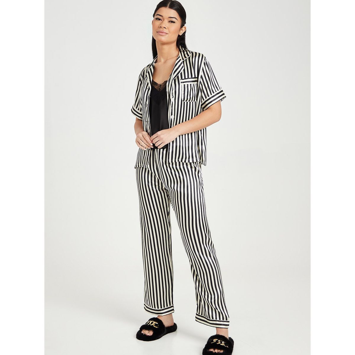 Styli Pack of 3 - Satin Solid Lace Trim Cami with Stripe Shirt and Pyjama Set-women-clothing-nightwear-pyjamas-longsets-image-7