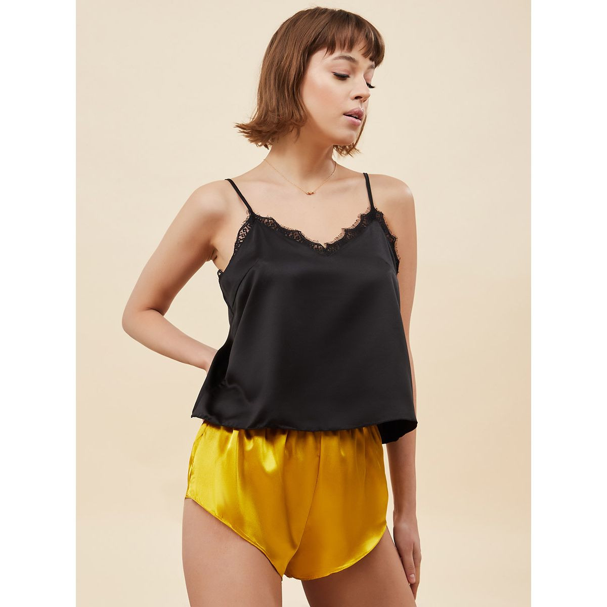 Styli Solid Lace Trim Satin Cami and Shorts Set-women-clothing-nightwear-pyjamas-longsets-image-1