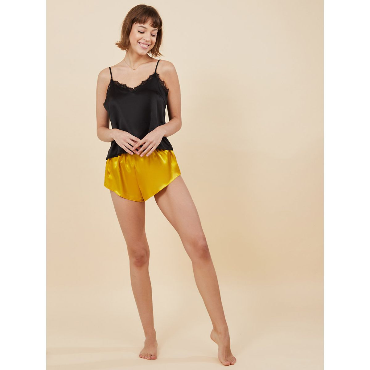 Styli Solid Lace Trim Satin Cami and Shorts Set-women-clothing-nightwear-pyjamas-longsets-image-2