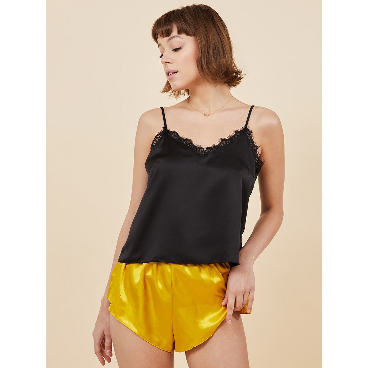 Styli Solid Lace Trim Satin Cami and Shorts Set-women-clothing-nightwear-pyjamas-longsets-image-3