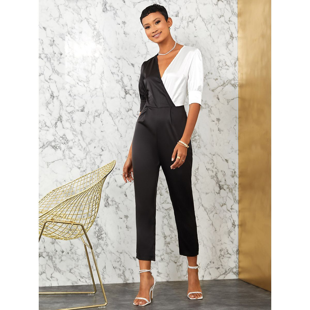 Shop Styli Puff Sleeves Colorblock Slim Fit Tailored Jumpsuit