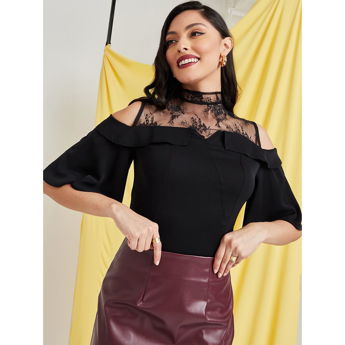 Styli Cold Shoulder High Neck Blouse with Lace Yoke Detail-women-clothing-shirtsandblouses-blouses-image-1