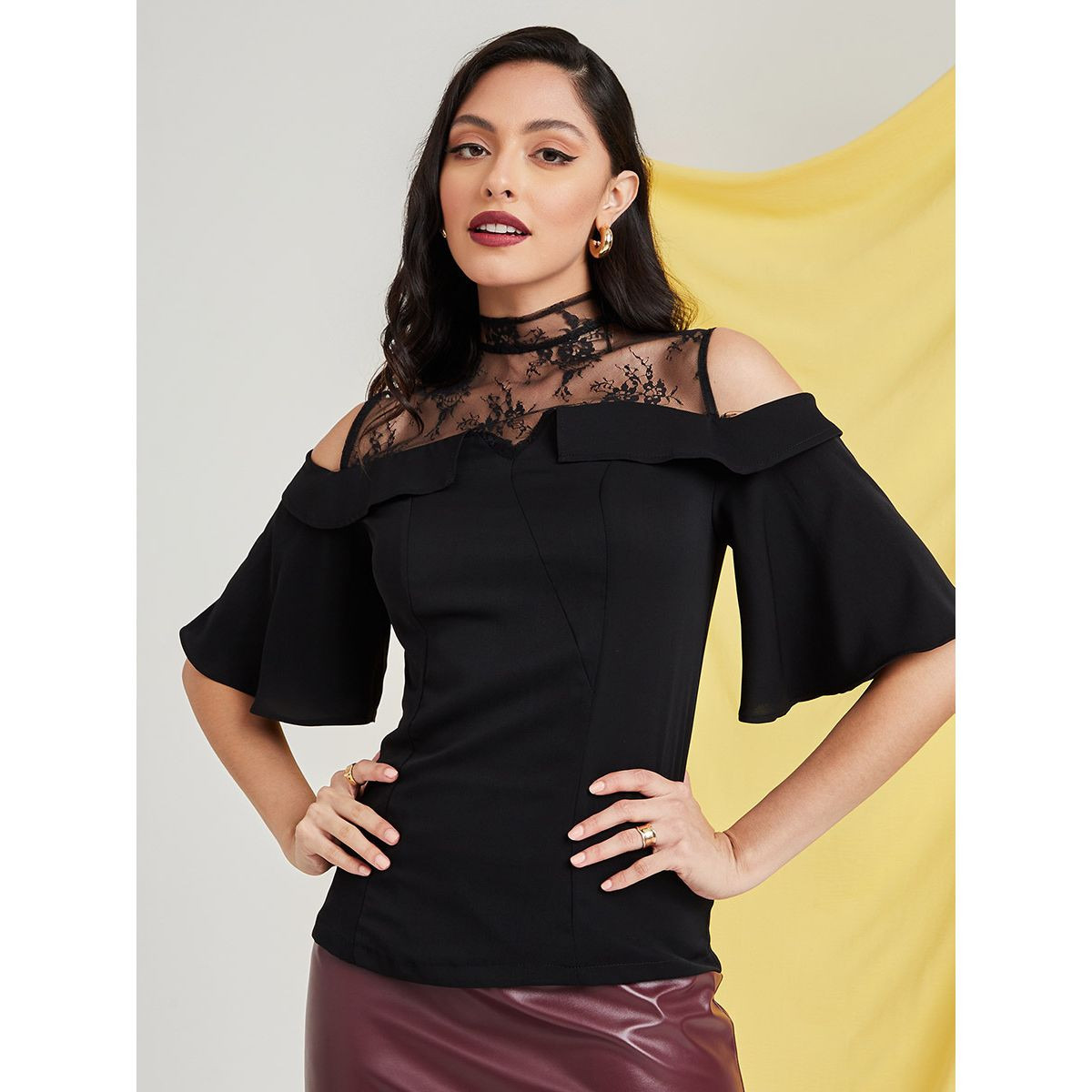 Styli Cold Shoulder High Neck Blouse with Lace Yoke Detail-women-clothing-shirtsandblouses-blouses-image-3