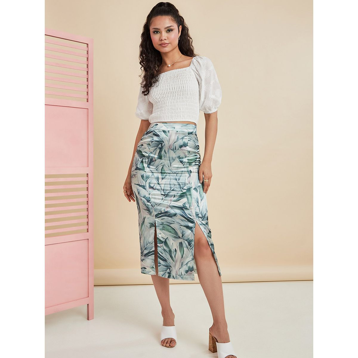 Styli Premium Satin Split Midi Skirt-women-clothing-skirts-image-1
