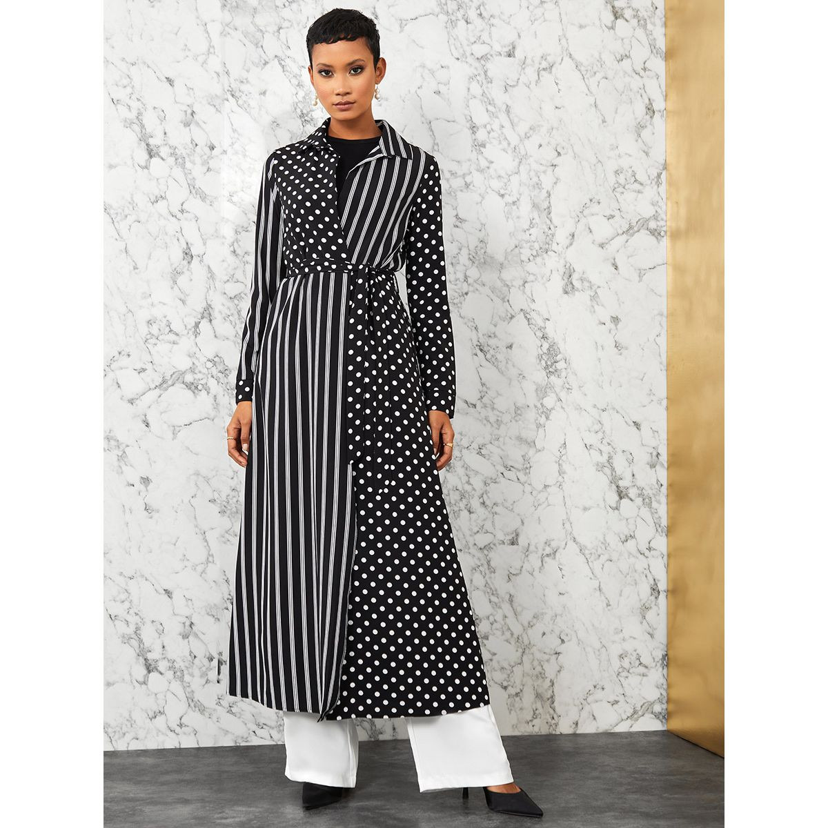 Styli Long Sleeves Stripes and Polka Print Maxi Kimono with Tie Belt-women-winterwear-coatsandjackets-jackets-image-2