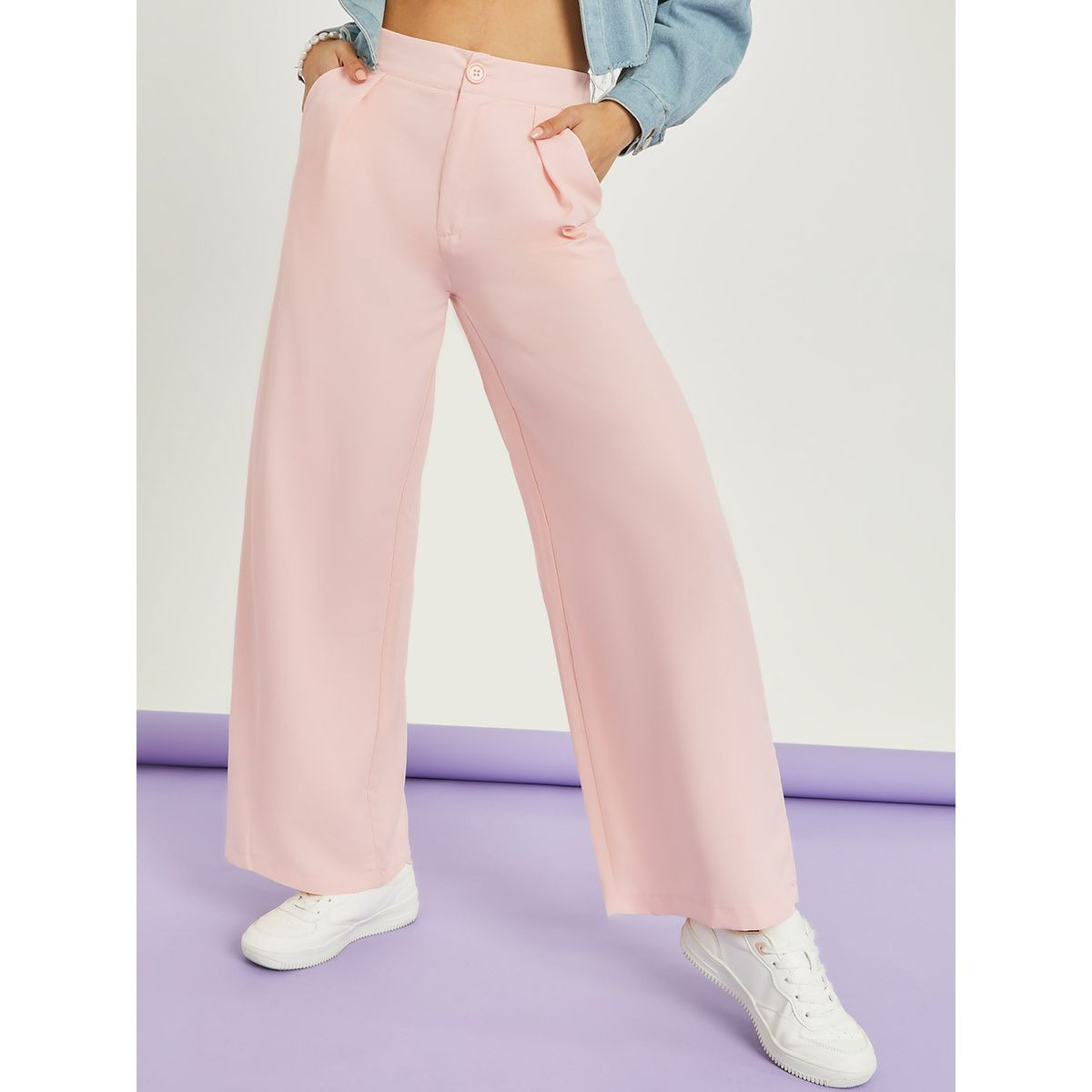Styli Solid Wide Leg Trouser with Side Pocket-women-clothing-bottoms-trousers-image-1