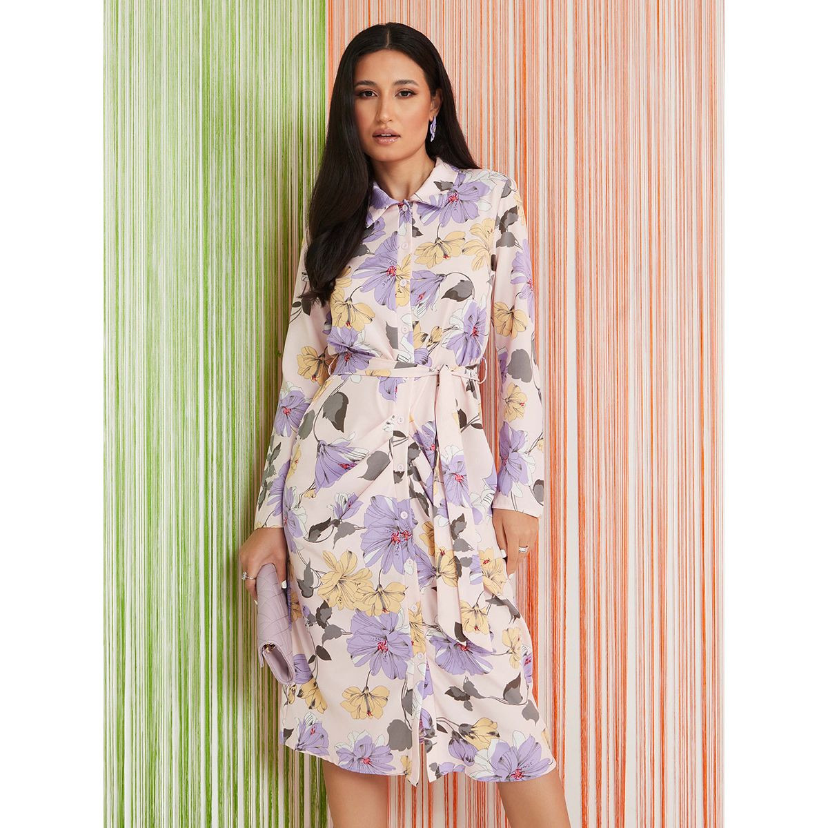 Styli Long Sleeves Floral Print Shirt Midi Dress with Tie Belt-women-clothing-dresses-image-5