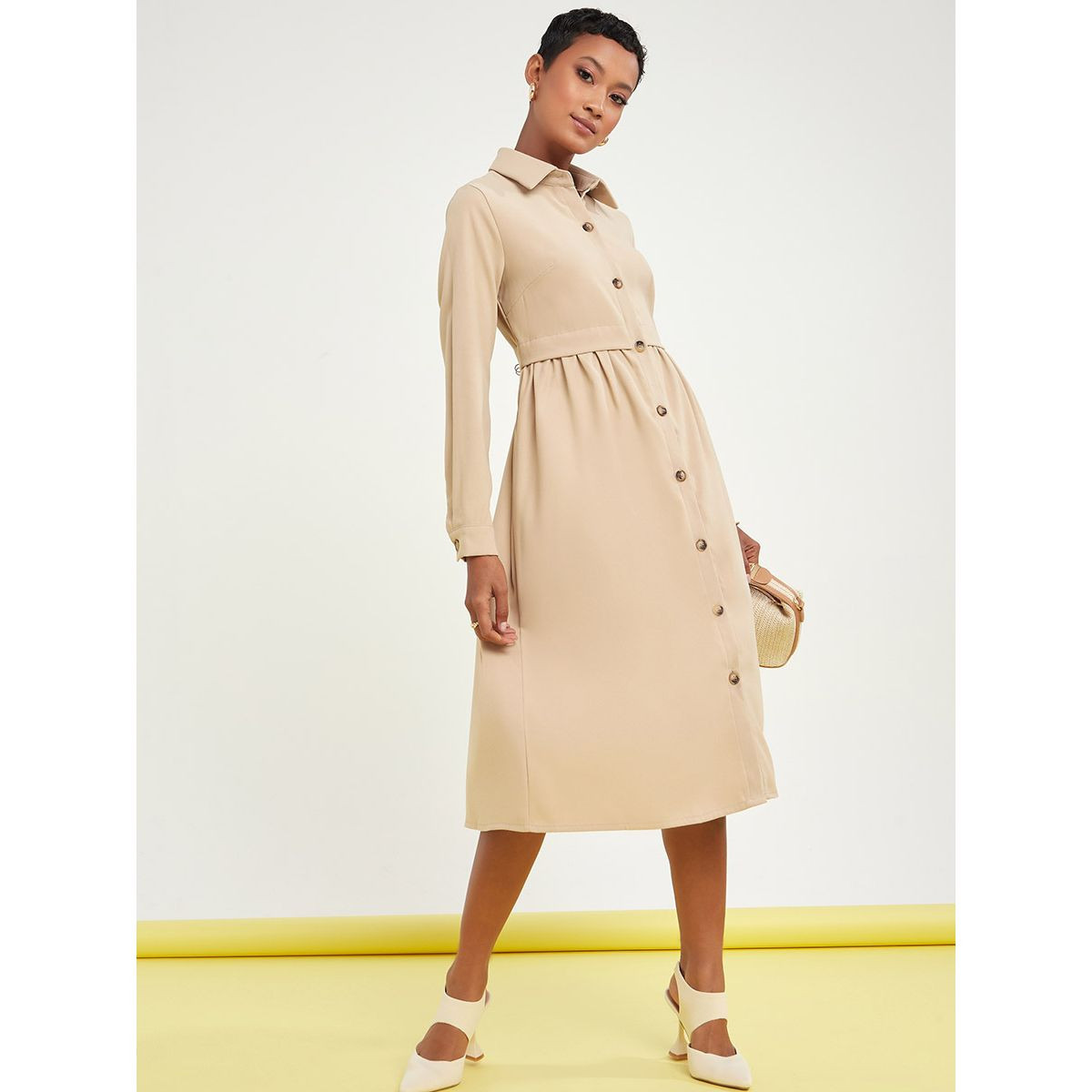 Shop Styli Long Sleeves Front Button Detail A-Line Shirt Midi - Main Image