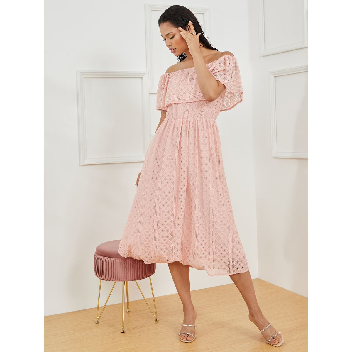 Styli Off Shoulder Lace Overlay A Line Midi Dress