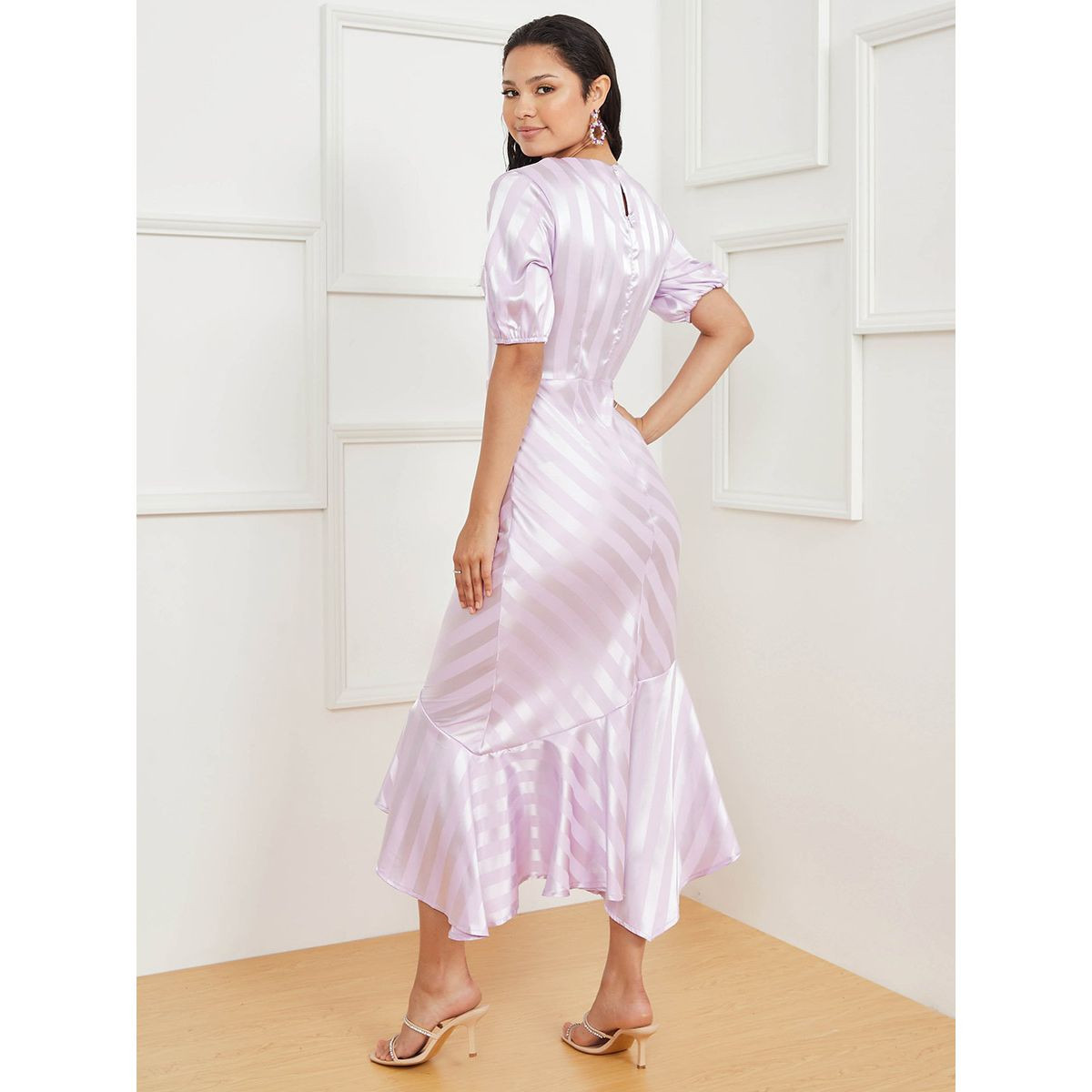Styli Short Sleeves Jacquard Striped Maxi Dress with Frill Hem-women-clothing-dresses-image-4