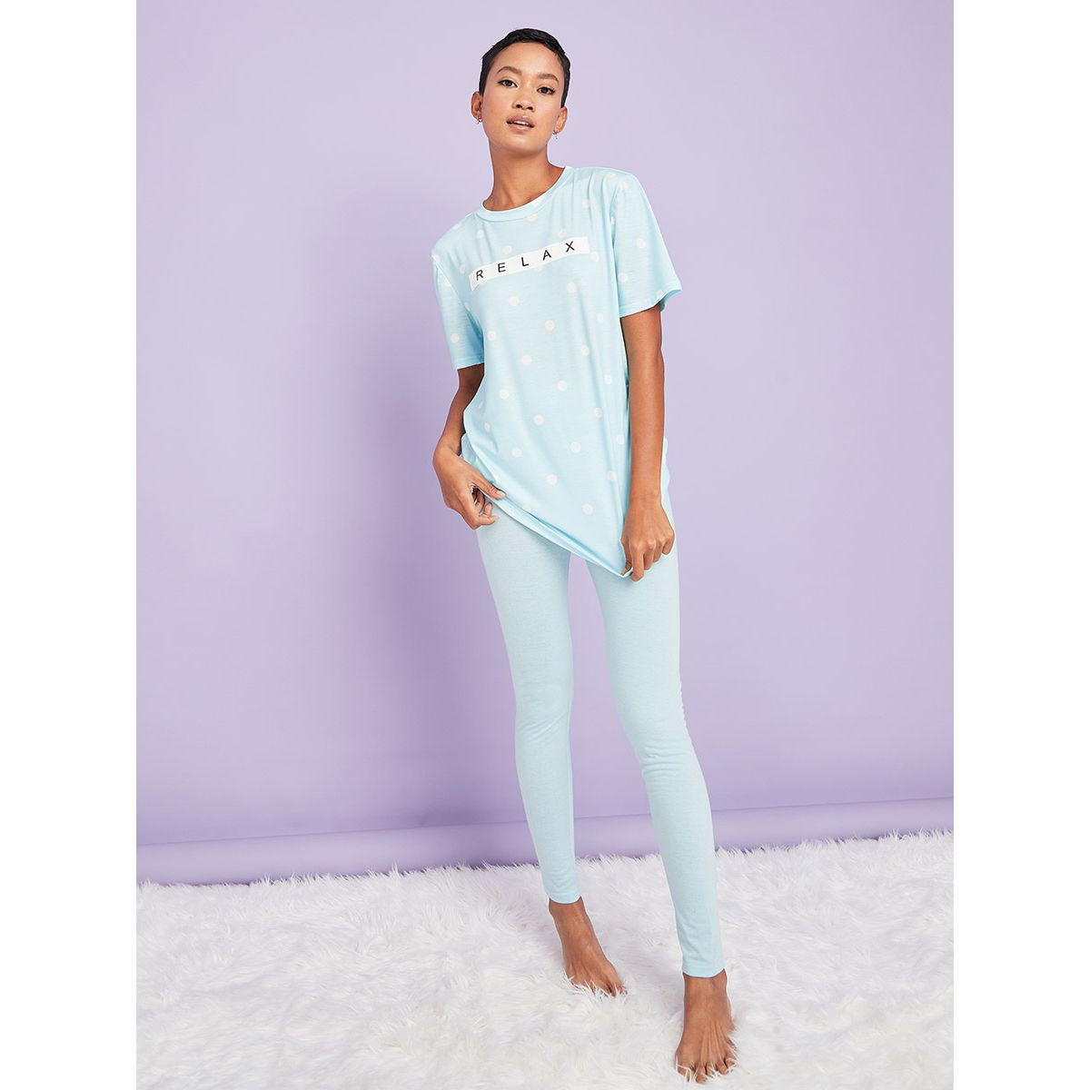 Styli Spot Print Relax Slogan Longline T-shirt and Leggings Set-women-clothing-nightwear-pyjamas-longsets-image-1
