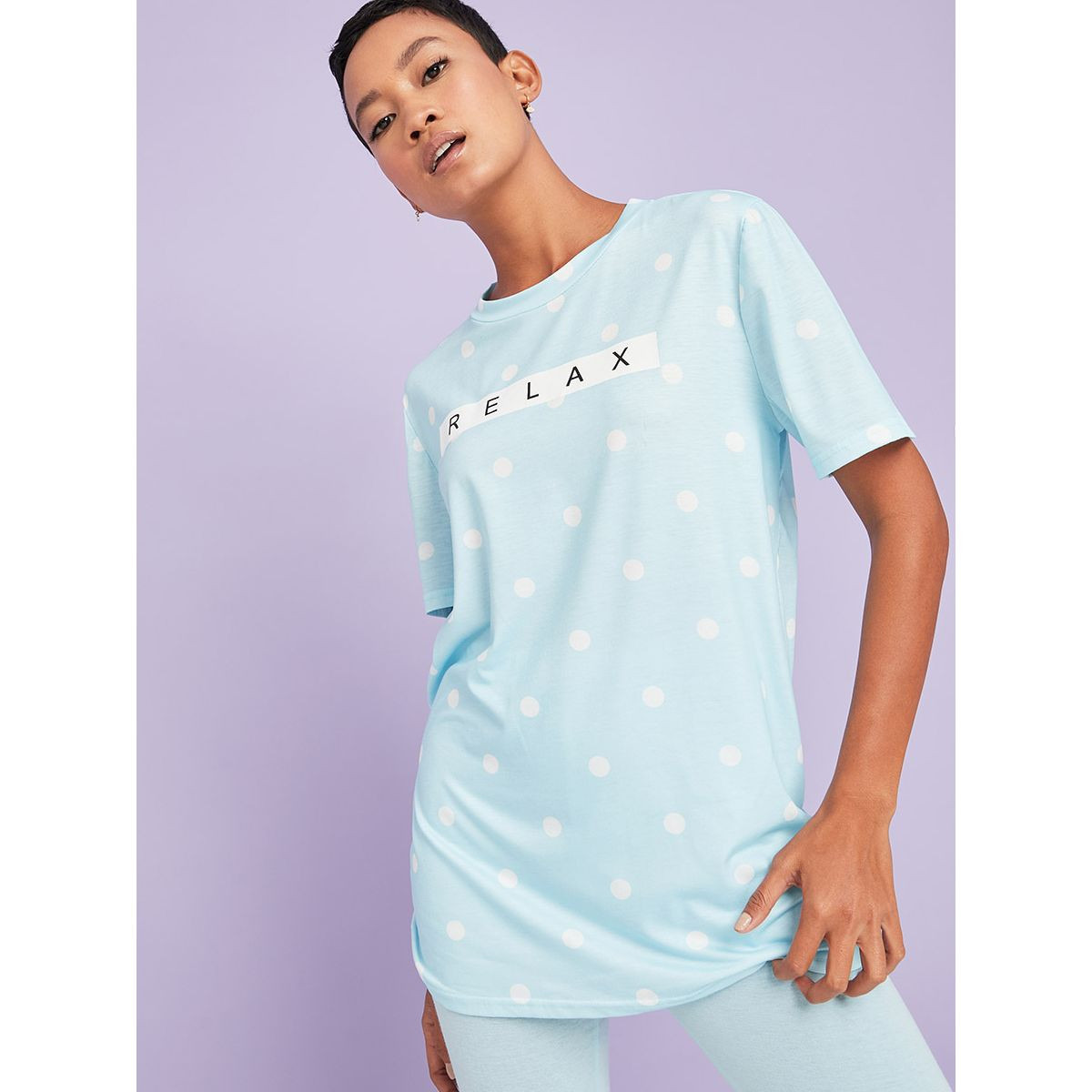 Styli Spot Print Relax Slogan Longline T-shirt and Leggings Set-women-clothing-nightwear-pyjamas-longsets-image-3