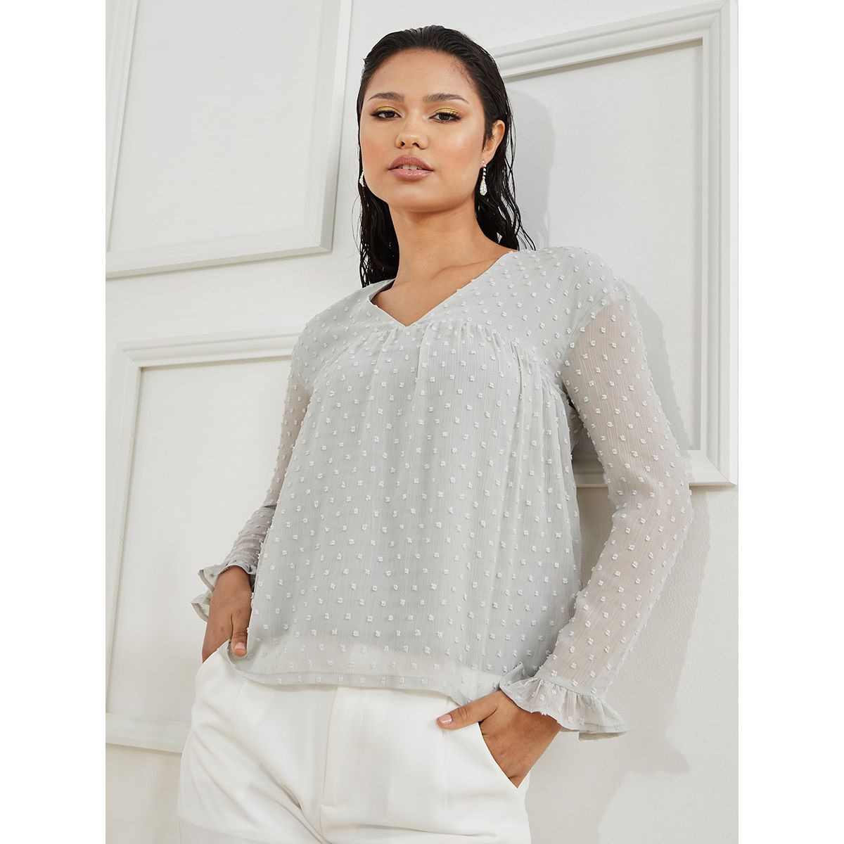 Styli Frill Cuff Long Sleeves V Neck Dobby Blouse-women-clothing-shirtsandblouses-blouses-image-1