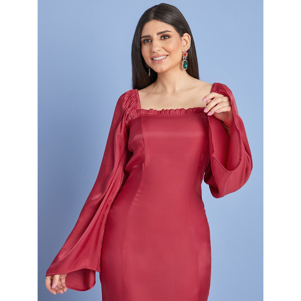 Styli Flare Long Sleeves Square Neck Sheath Midi Dress-women-clothing-dresses-image-2